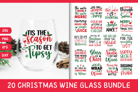 20 Christmas Wine Glass Quote SVG Bundle for Crafts and Graphics